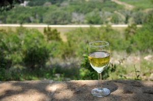 Glass of white wine overlooking the scenic Texas hill country near Belle Oaks