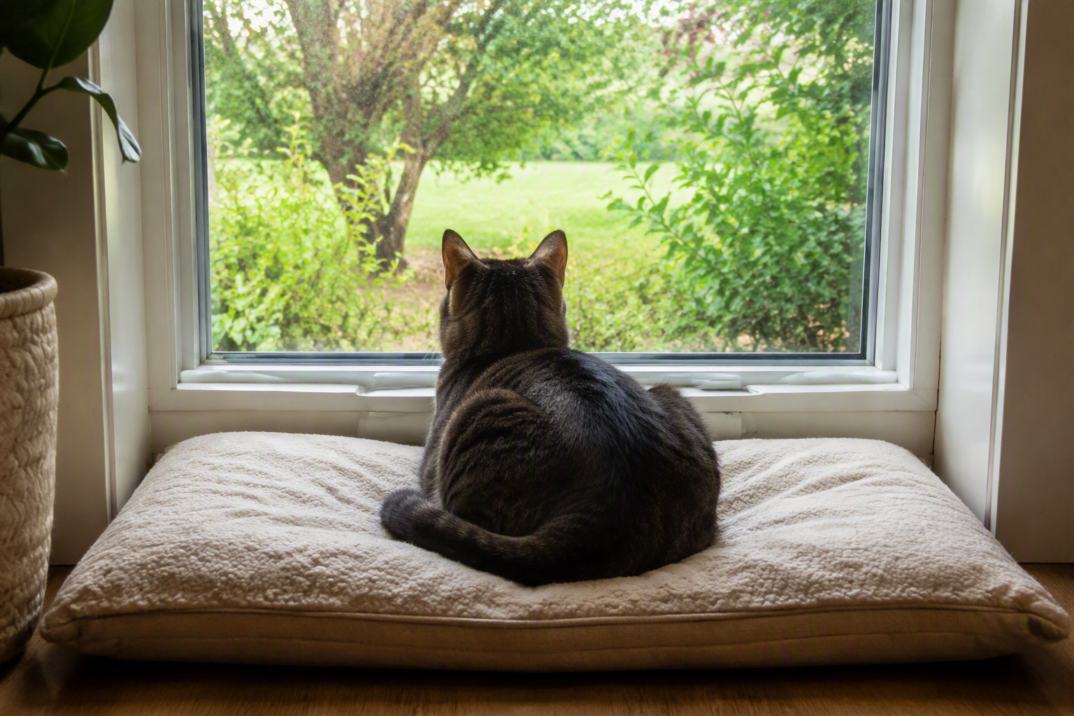 A cat in a window perch