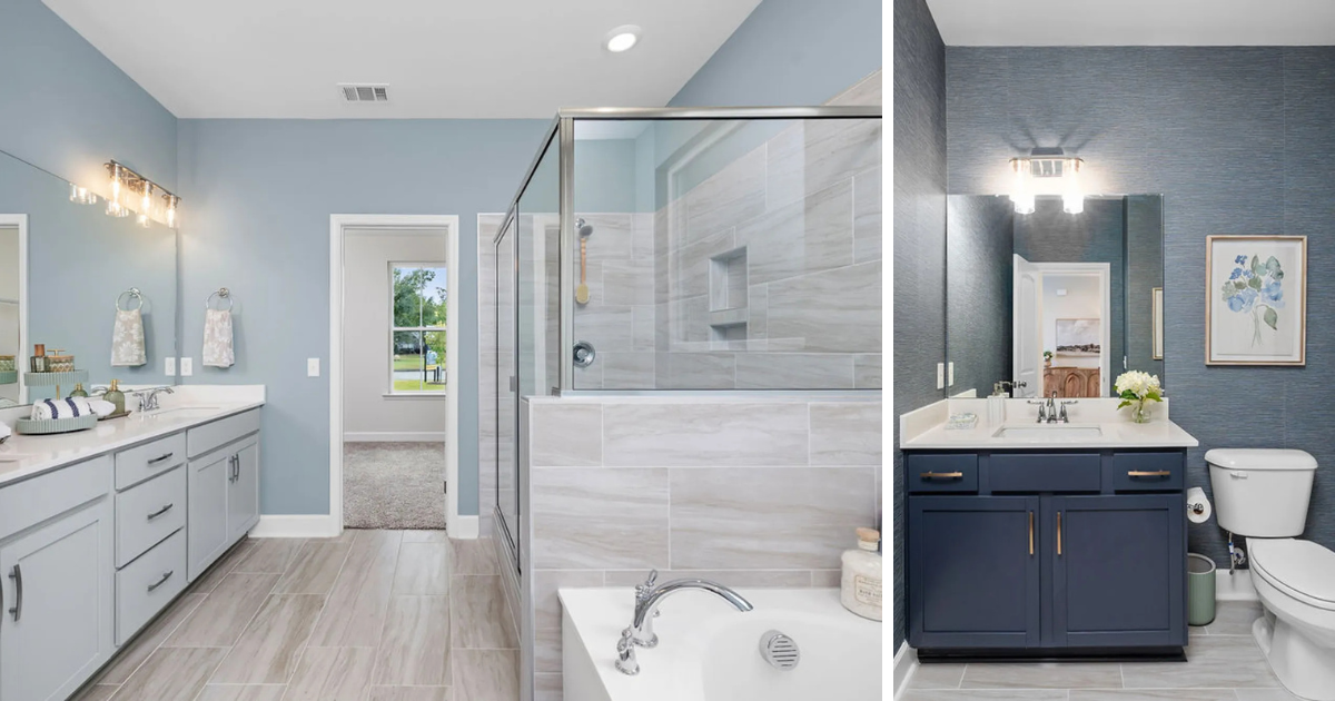 A collage of images from Ramsey Landing, featuring the primary bathroom and a half bathroom.