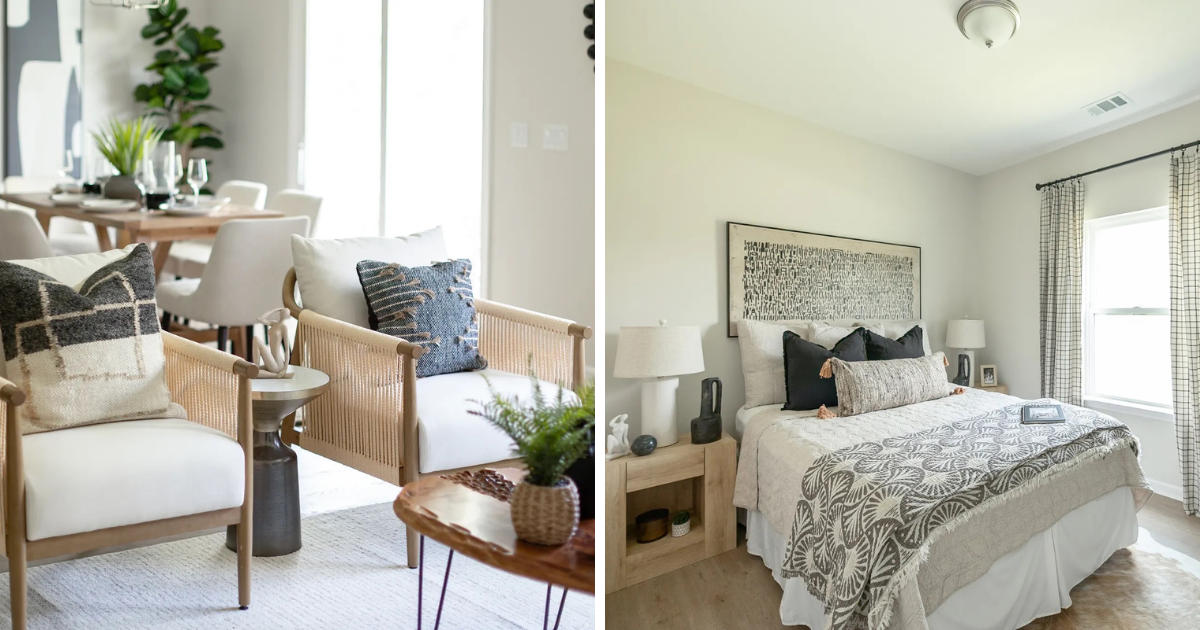 Images of the living room and bedroom of the Sweetwater model home.