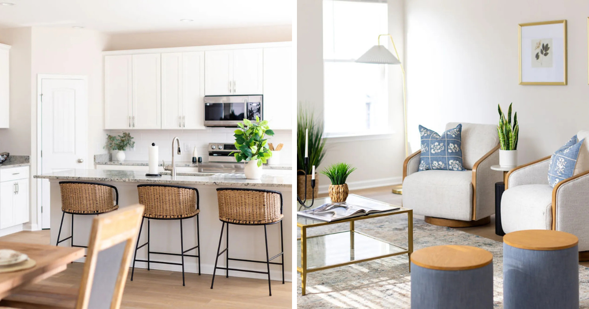 Interior images of the Camden Crossing model home showing the kitchen and living area.