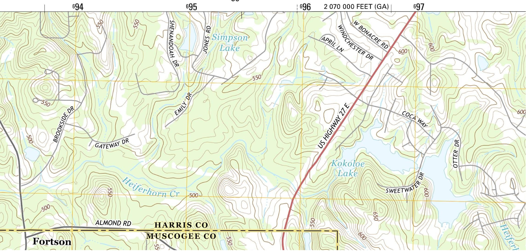 174.75 Acres on US Hwy. 27 Cataula, Harris County, GA, Topo