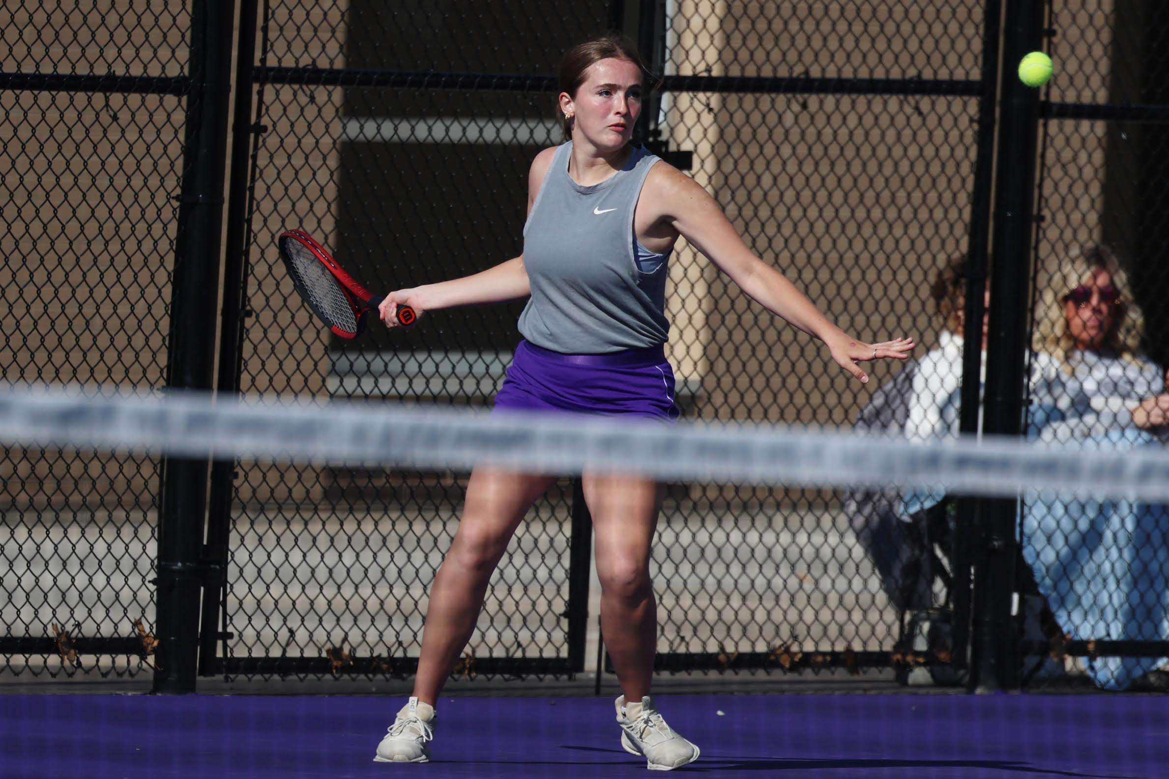 Burlington High School's Anna Buxton returns the ball during her singles match against Keokuk High School's Neveah Logan on April 21 at Burlington's tennis courts. Photo/John Lovretta&nbsp;