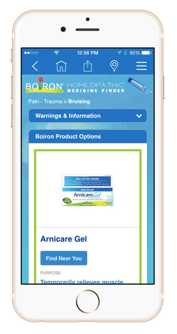 iPhone showing Boiron Medicine Finder medicine results
