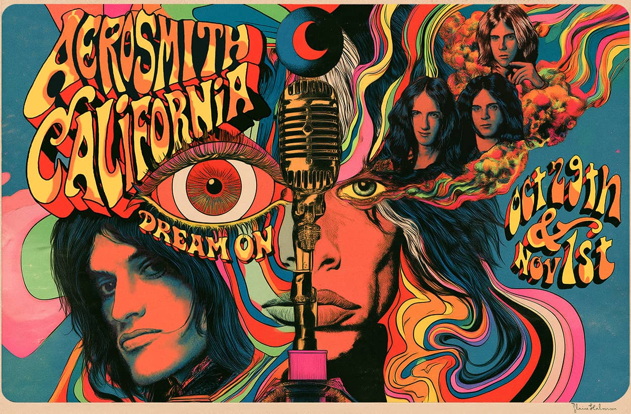 Psychedelic concert poster art: two long-haired rock musicians with three more in smaller portraits, a vintage microphone and a giant eye in rainbow swirls, with hand-lettered text reading “Aerosmith California Dream On, Oct 29th & Nov 1st.”