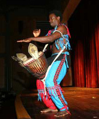 Djember drummer Issa Coulibaly shows off his remarkable drumming skills to the sell-out crowd. Djember drummer Issa Coulibaly shows off his remarkable drumming skills to the sell-out crowd.