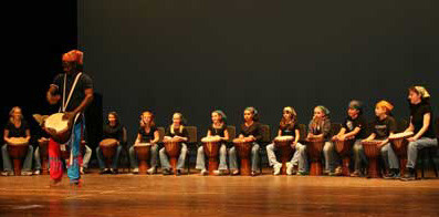 Fourth graders from Kelly Lane School and their teachers accompanied their instructor, Issa Coulibaly on the djembe drums. Coulibaly is a legendary drummer in his native Mali. Fourth graders from Kelly Lane School and their teachers accompanied their instructor, Issa Coulibaly on the djembe drums. Coulibaly is a legendary drummer in his native Mali.