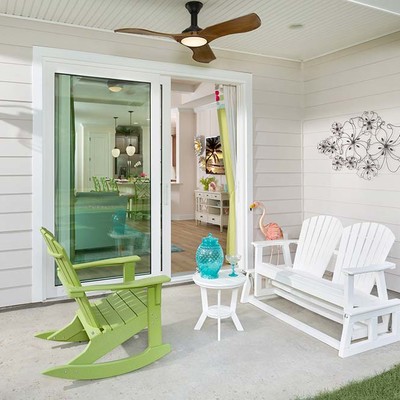 Veranda with wooden bench and wooden chair