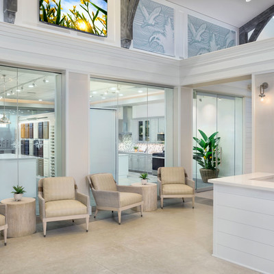 Interior of building with multiple chairs and soft beige color