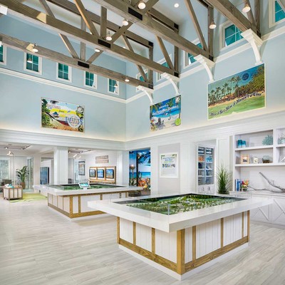 Room with stands with territory models