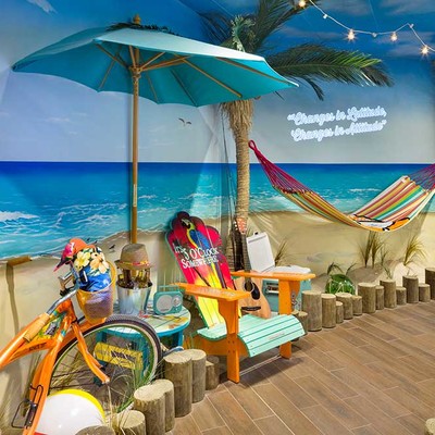 A room that is stylized as a beach