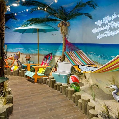 A room that is stylized as a beach