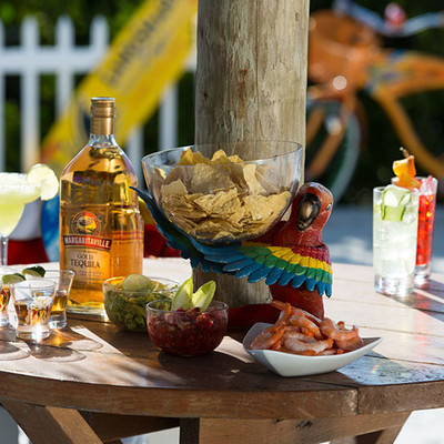 Table with alcohol and snacks