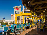 Oudoors view of Landshark Lookout. Yellow building accents with aqua dining tables and chairs