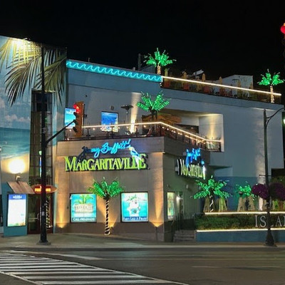 Nighttime exterior view of Margaritaville building illuminated with green neon lights and palm trees