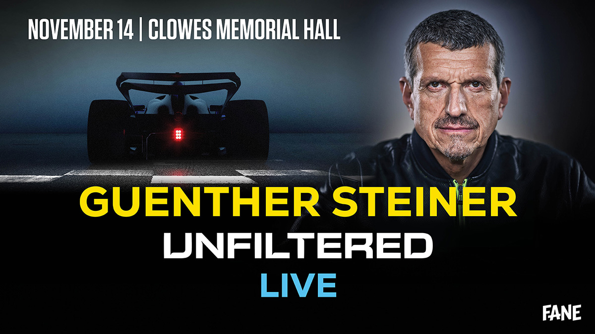 F1 vehicle background and a portrait of Guenther Steiner