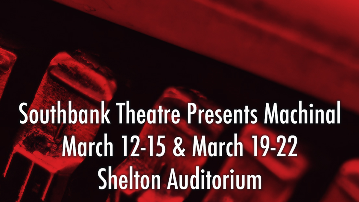 Red overlayed on a typewriter with show information in white