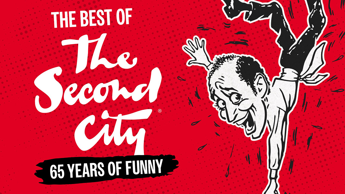 Black and white cartoon man falling on red background with show title