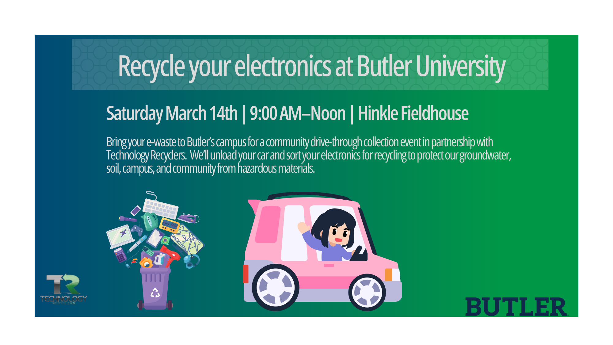 image shows the flyer details. someone in a car dropping off electronic waste