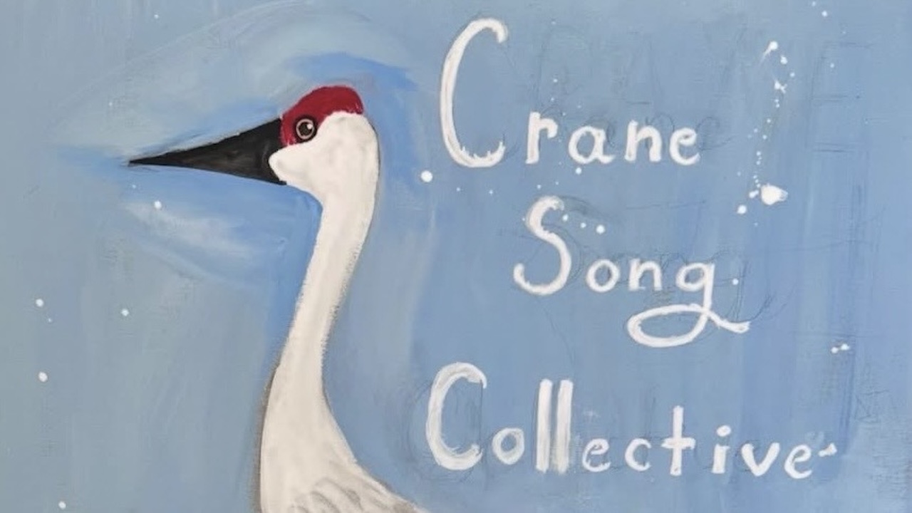 Crane Song Collective (Club Name) on a painting of a crane