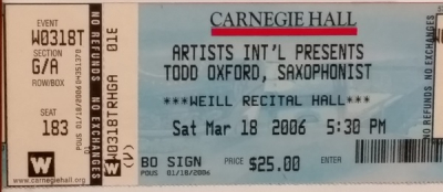 <p>New York Solo Debut </p>
<p>Carnegie Hall at Weill Recital Hall </p>
<p>2006</p>