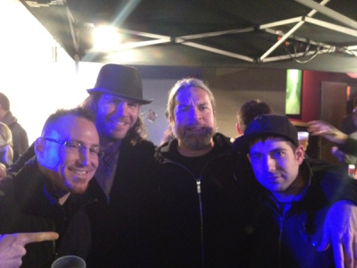 <p> Jay Terrien, myself, Thomas Haake, Mark Guiliana, 1-2012...Haake is a hero...drummer for meshuggah...that band has made me re-think a couple things...</p>