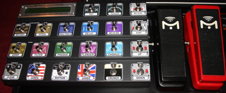MFC 101 WITH MISSION ENGINEERING PEDALS, MOUNTED ON A TRAILERTRASH PEDALBOARD BLACK PEDAL IS EP 1 SPRING LOADED FOR WAH RED PEDAL IS EP 1 FOR VOLUME ETC.