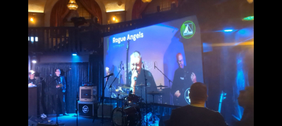 Mike and Ian on the big screen at the radio Wigwam awards,