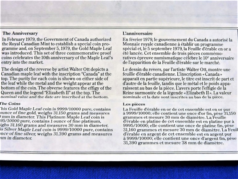 Image for GOLD PLATINUM SILVER 1989 CANADIAN MAPLE LEAF 10TH ANNIVERSARY