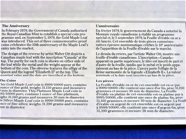 Image for GOLD PLATINUM SILVER 1989 CANADIAN MAPLE LEAF 10TH ANNIVERSARY