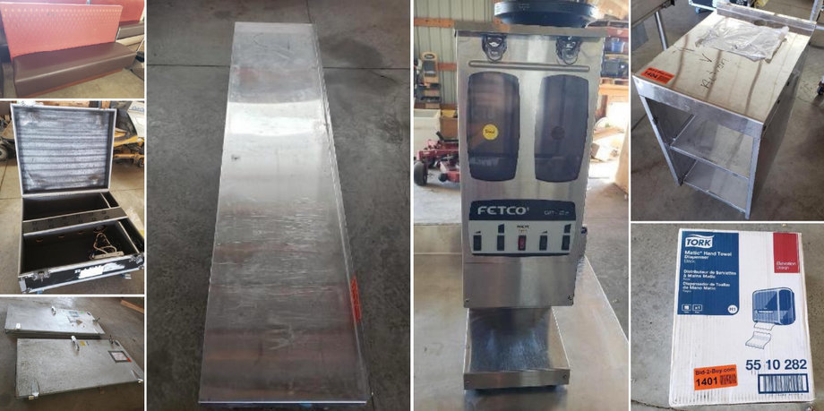 Cast Iron Stove, Surplus Booths, Stainless Steel Shelves, Tables and Equipment - POSTPONED!