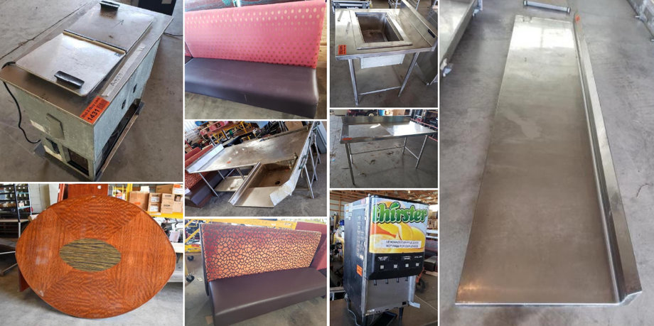 Cast Iron Stove, Surplus Booths, Stainless Steel Shelves, Tables and Equipment - POSTPONED!