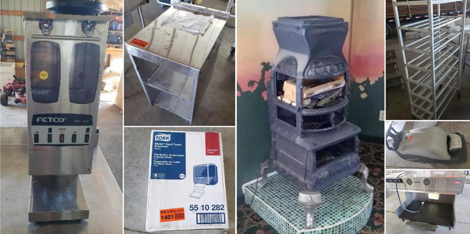 Cast Iron Stove, Surplus Booths, Stainless Steel Shelves, Tables and Equipment - POSTPONED!