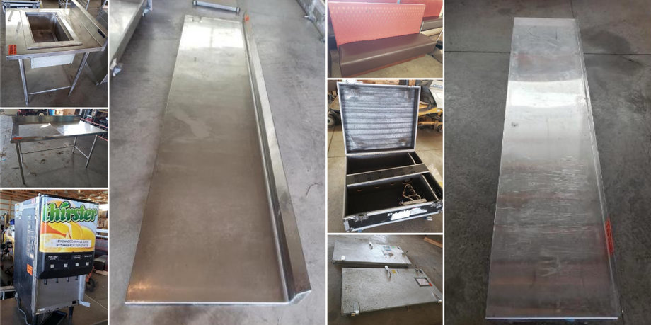 Cast Iron Stove, Surplus Booths, Stainless Steel Shelves, Tables and Equipment - POSTPONED!