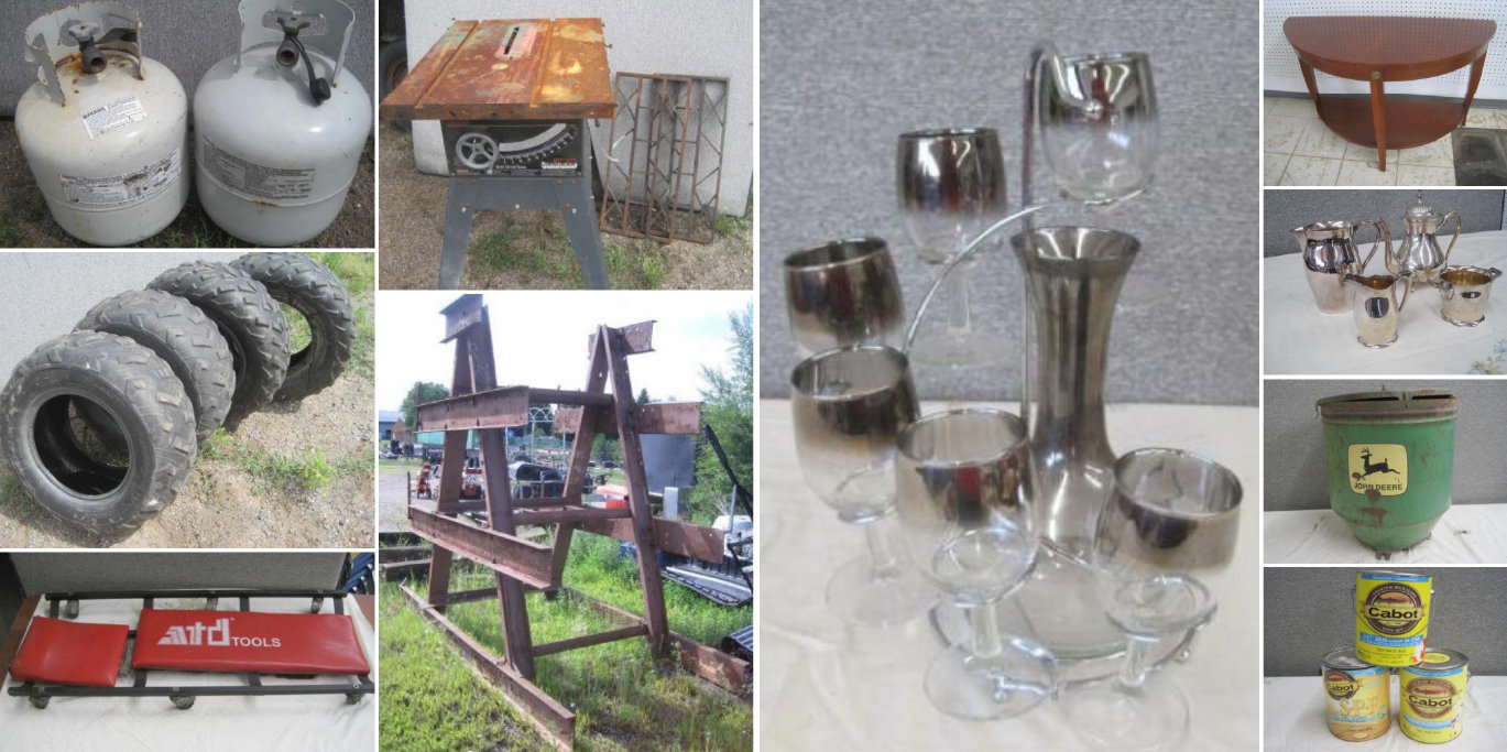 Furniture, Tires and Rims, Tanks, Shop Supplies, Glassware and More