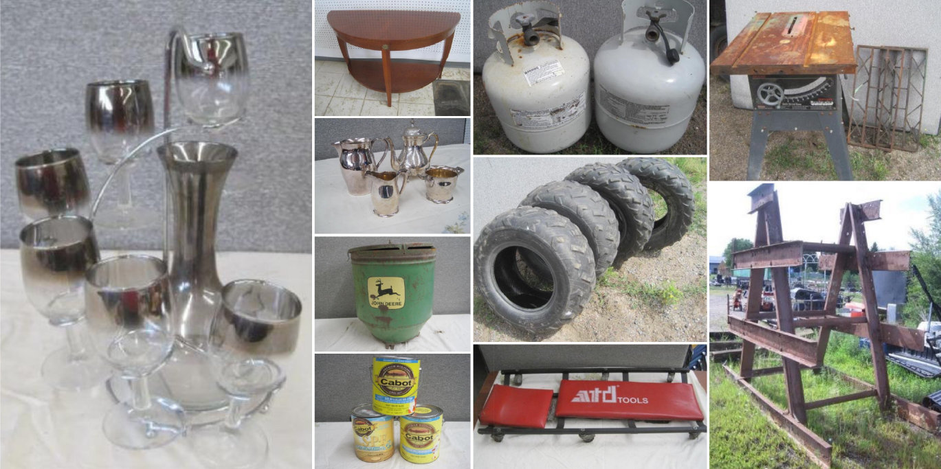 Furniture, Tires and Rims, Tanks, Shop Supplies, Glassware and More