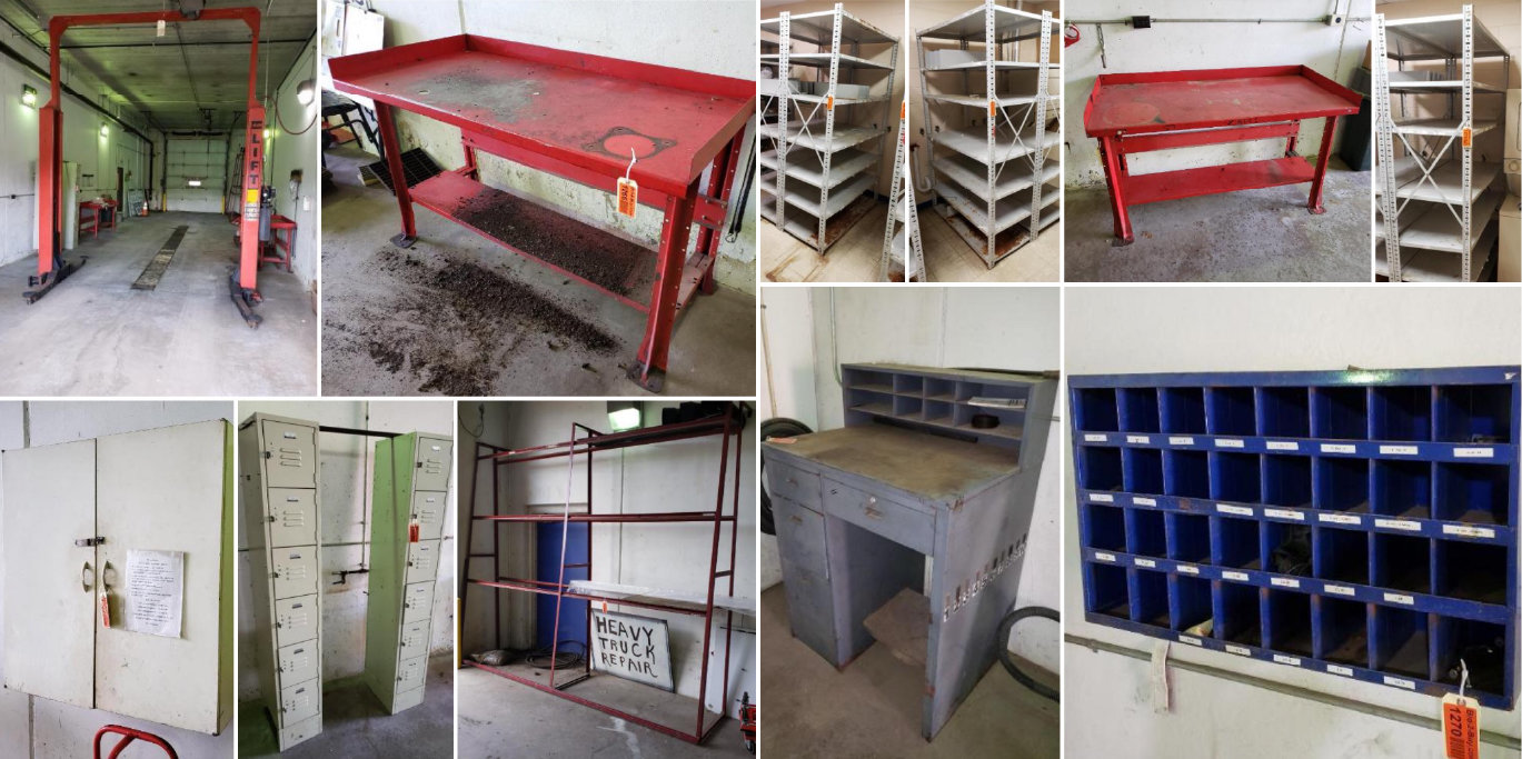 ALM 10,000 Lb. 2-Post Lift, Work Benches, Tire Rack, Shelving