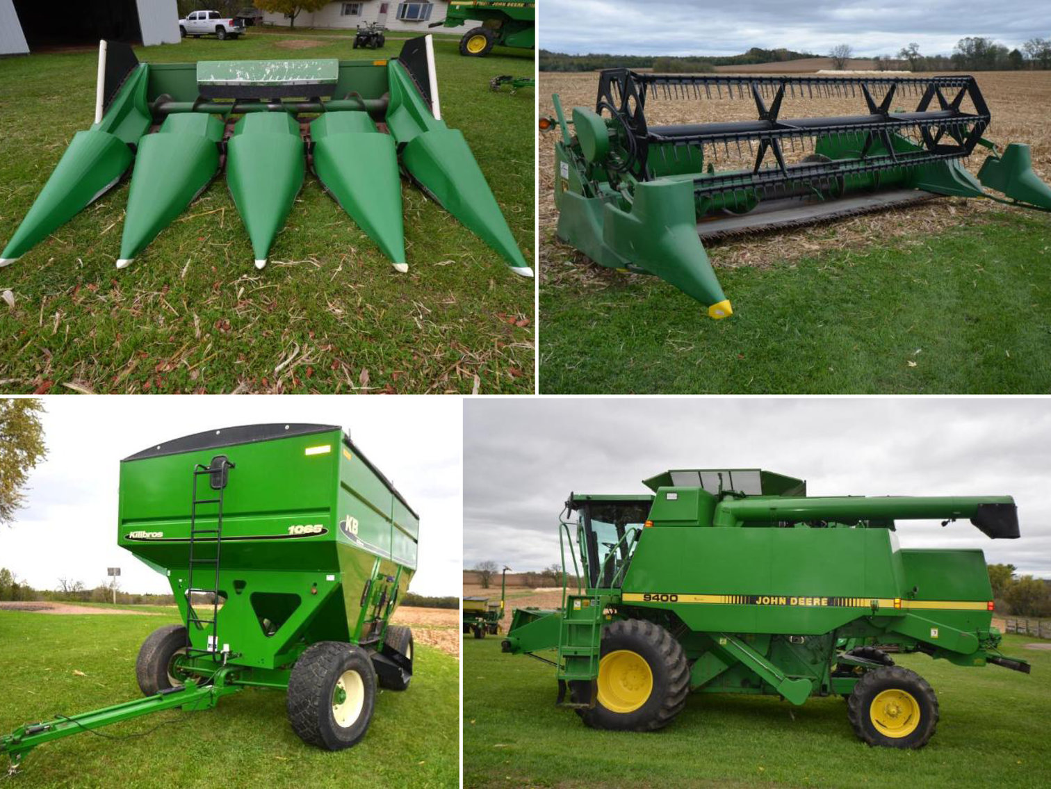 JD 9400 COMBINE, JD 4250 TRACTOR, AND FARM EQUIPMENT