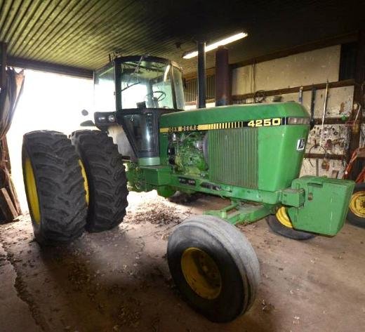 JD 9400 COMBINE, JD 4250 TRACTOR, AND FARM EQUIPMENT