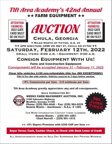 Image for Tift Area Academy's 42nd Annual Farm Equipment Auction - Feb 12