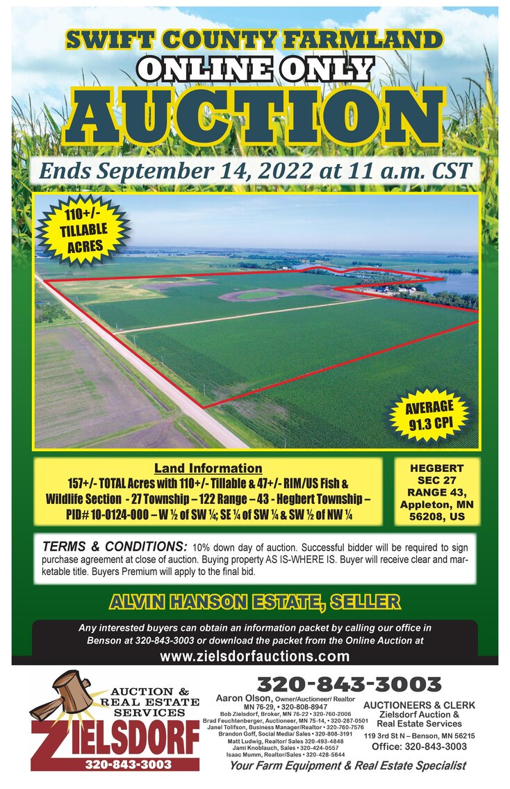 Image for ALVIN HANSON ESTATE SWIFT COUNTY FARM LAND ONLINE ONLY AUCTION 100+/- TILLABLE ACRES