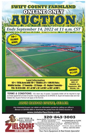 Image for ALVIN HANSON ESTATE SWIFT COUNTY FARM LAND ONLINE ONLY AUCTION 100+/- TILLABLE ACRES