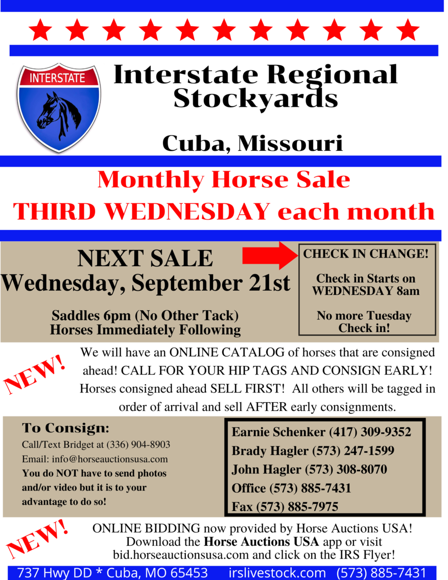 Image for Interstate Regional Stockyards Horse Sale - Cuba, Missouri September 21st