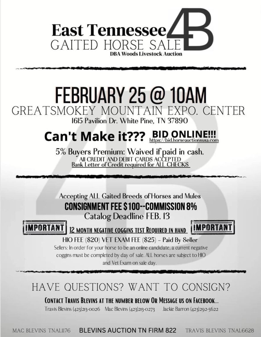 East Tennessee 4B Gaited Horse Sale White Pine, Tennessee February 25th