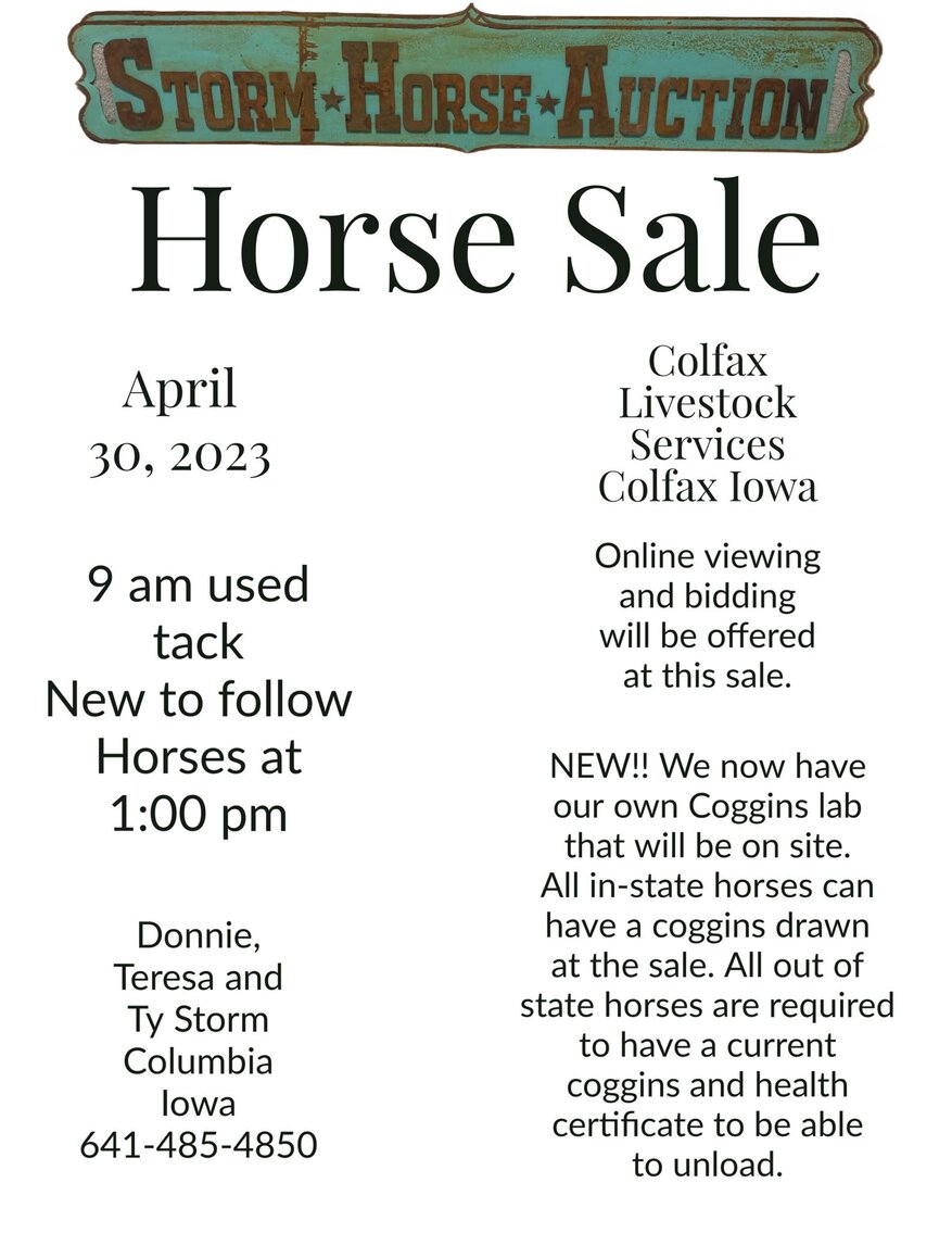 Storm Horse Auction SUNDAY April 30th Colfax, Iowa