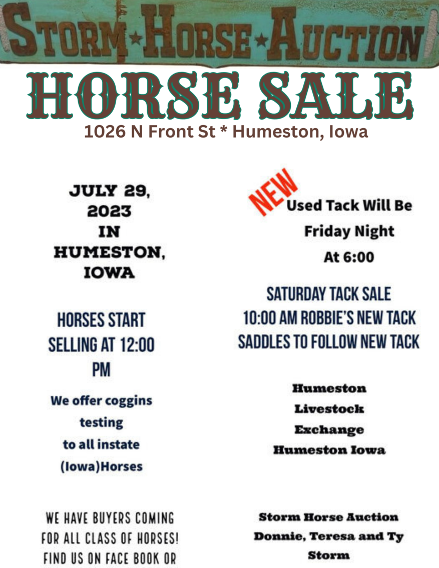 Storm Horse Auction SATURDAY, July 29th Humeston, Iowa