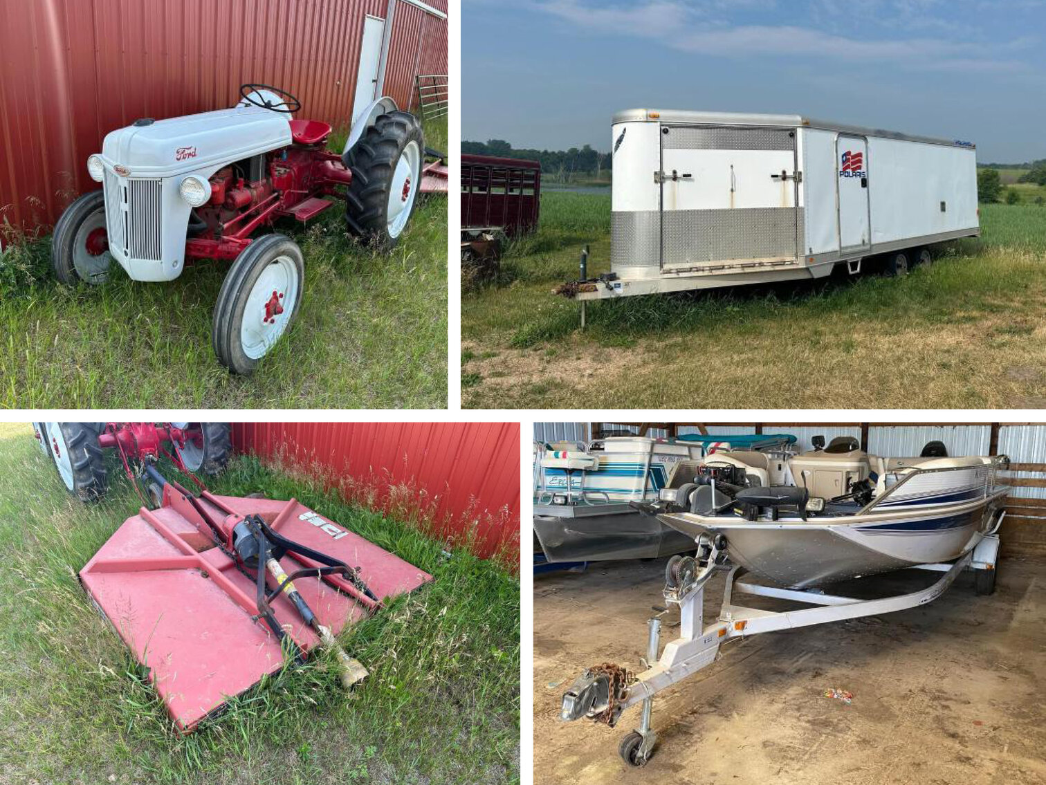 1998 Princecraft 22' Deck Boat, 1998 Featherlite Snowmobile Trailer, Ford 8N Tractor & 3PT Mower
