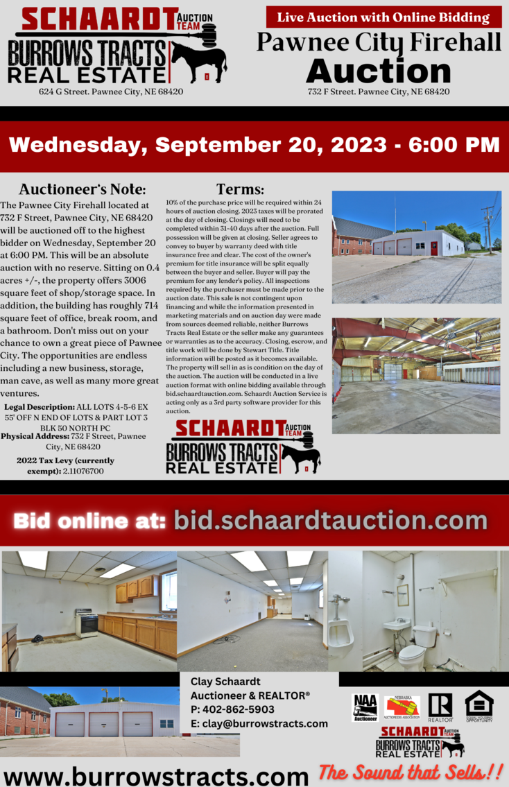 Image for Absolute Pawnee City Firehall Real Estate Auction by the Schaardt Auction Team with Burrows Tracts Real Estate