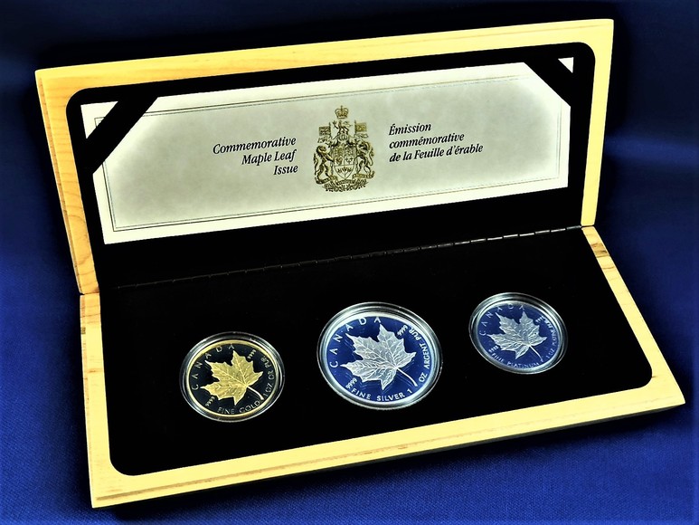 Image for GOLD PLATINUM SILVER CANADIAN COMMEMORATIVE MAPLE LEAF 1989