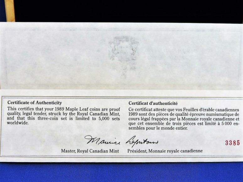 Image for GOLD PLATINUM SILVER CANADIAN COMMEMORATIVE MAPLE LEAF 1989